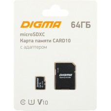 памяти microSDXC Digma 64GB CARD10 V10 + adapter